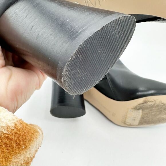 Neiman Marcus Niana Almond‎ Toe Bootie Black Leather Oval Sculptural Heel Sz 5.5 - Picture 7 of 12